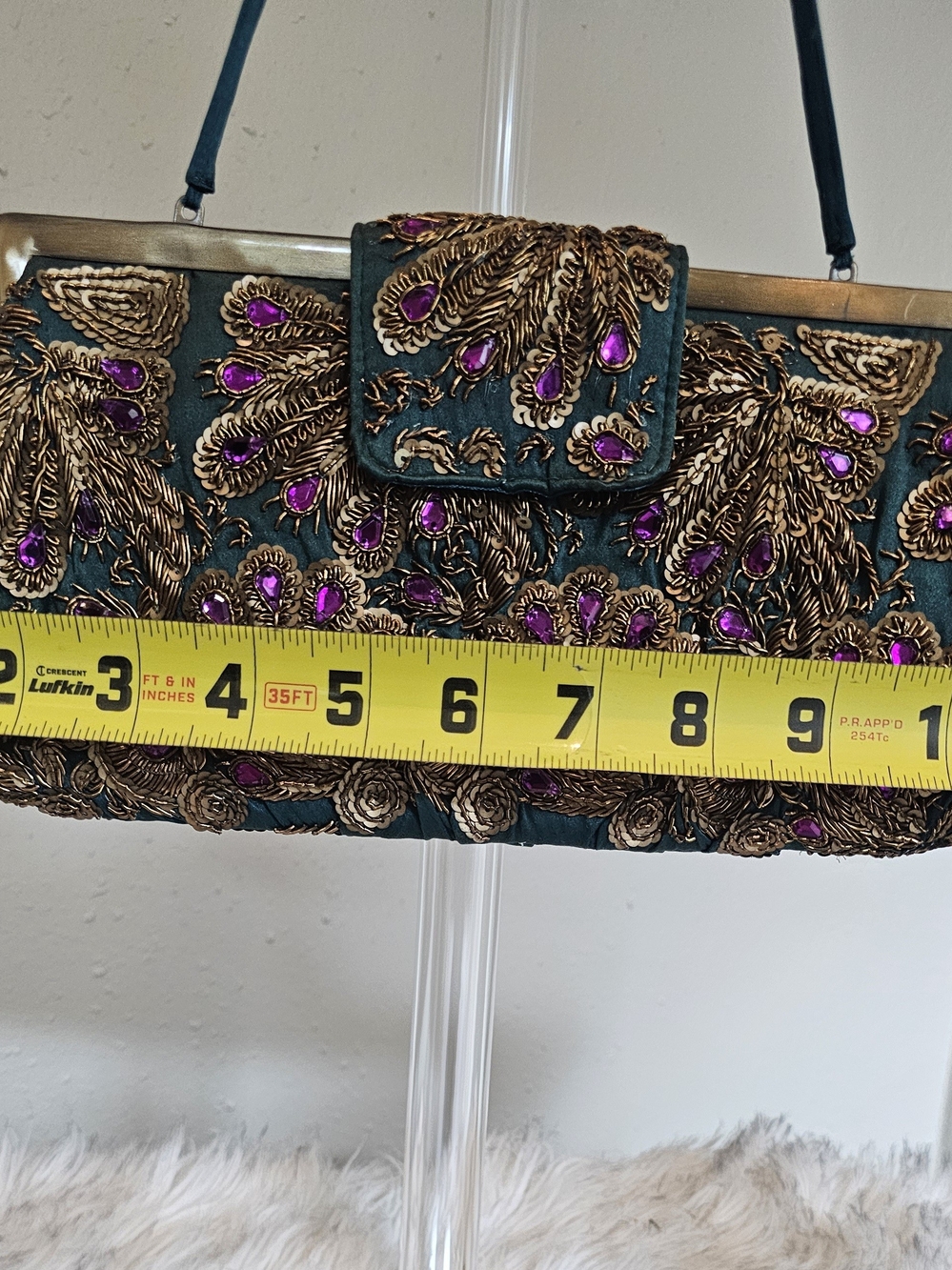 Vintage Santi Teal Satin Purple & Gold Beaded Evening Clutch Bag Fairycore - Picture 13 of 14